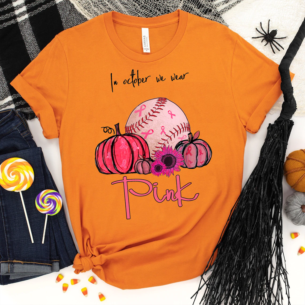 In October We Wear Pink Baseball Pumpkin Breast Cancer Costume Halloween T Shirt