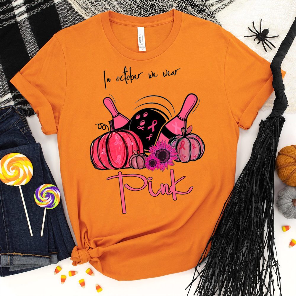 In October We Wear Pink Bowling Pumpkin Breast Cancer Costume Halloween T Shirt