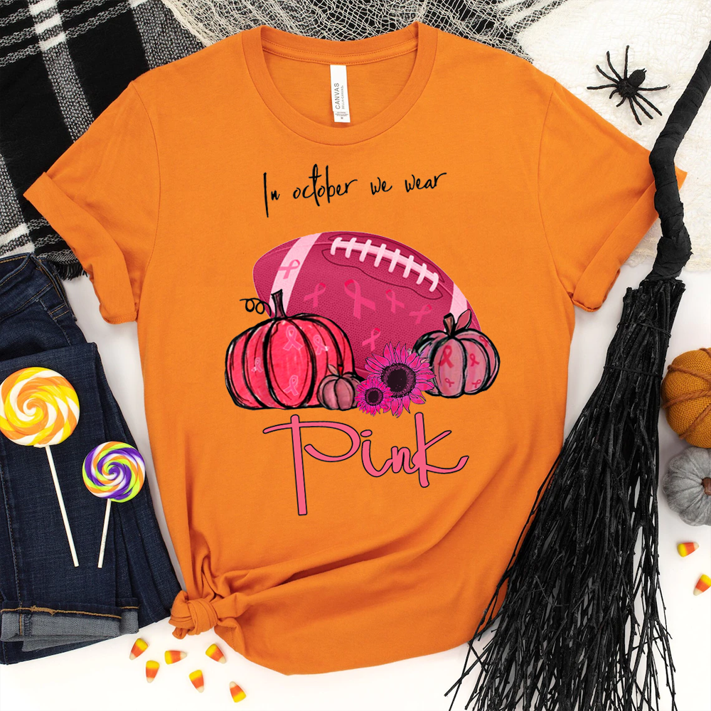In October We Wear Pink Football Pumpkin Breast Cancer Costume Halloween T Shirt